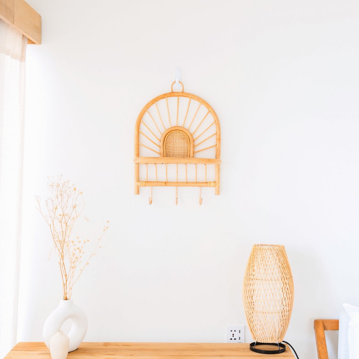 Rattan Wall Shelf With Hooks